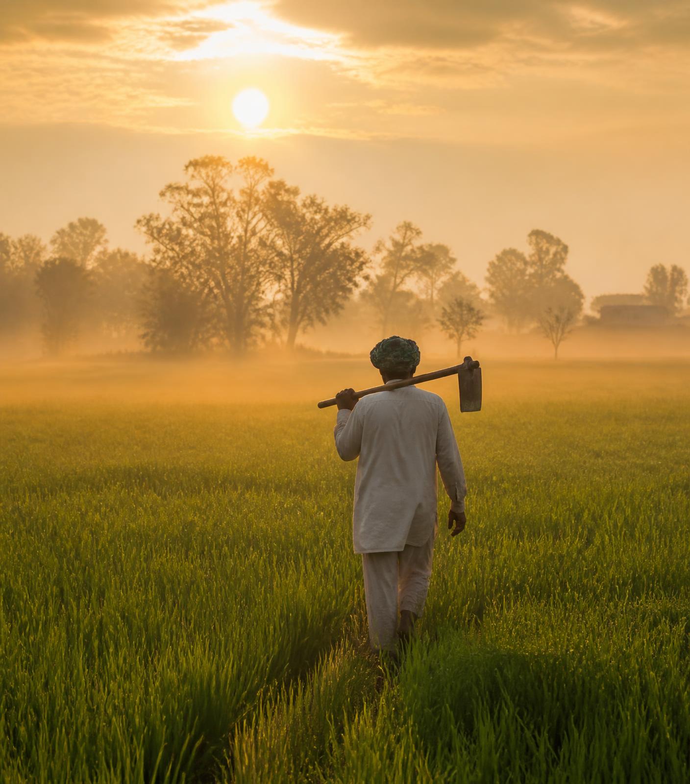 Indian farmer walking through a field at sunrise