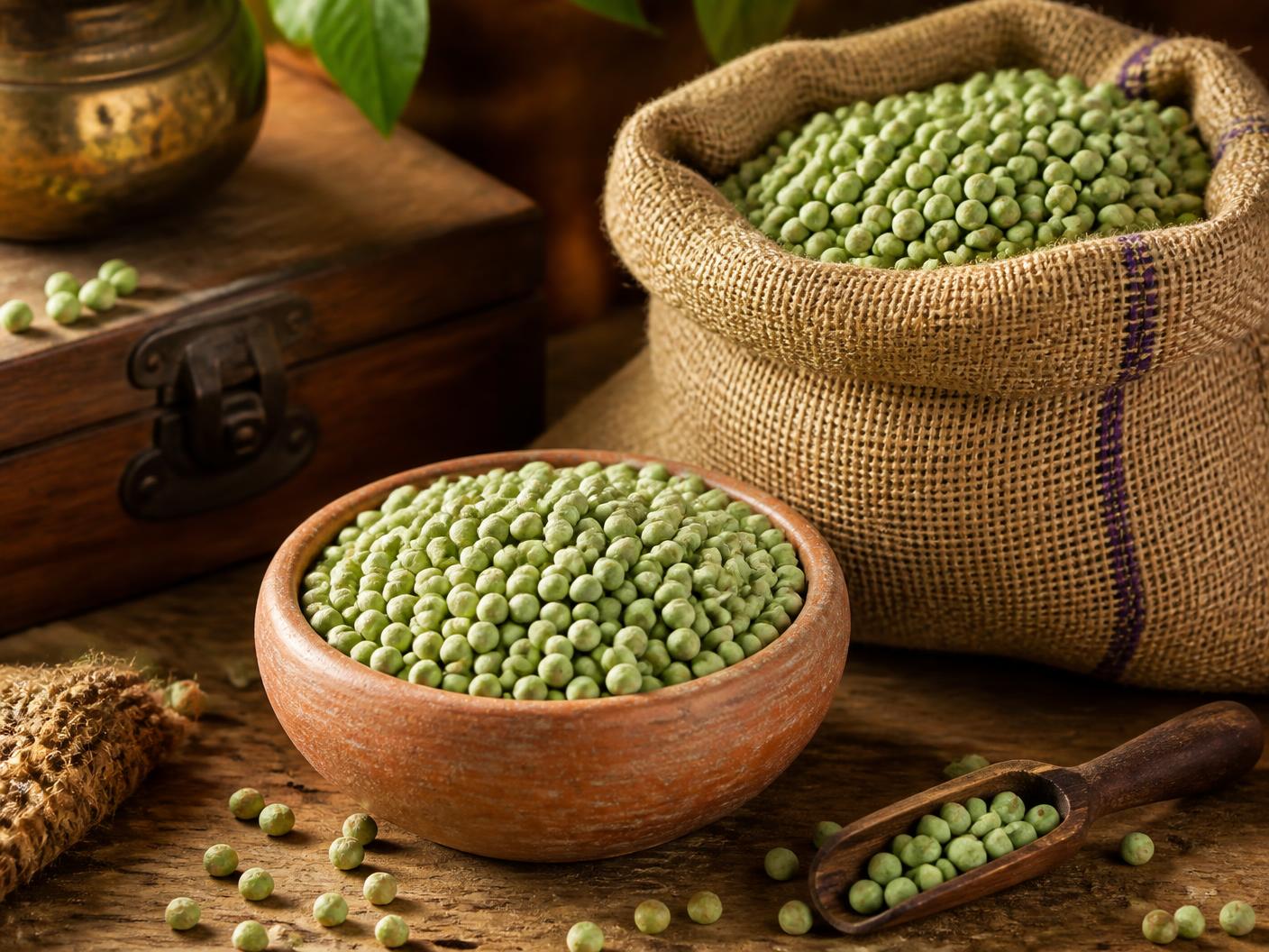 Dried whole green peas in a clay bowl beside a jute sack of dry peas