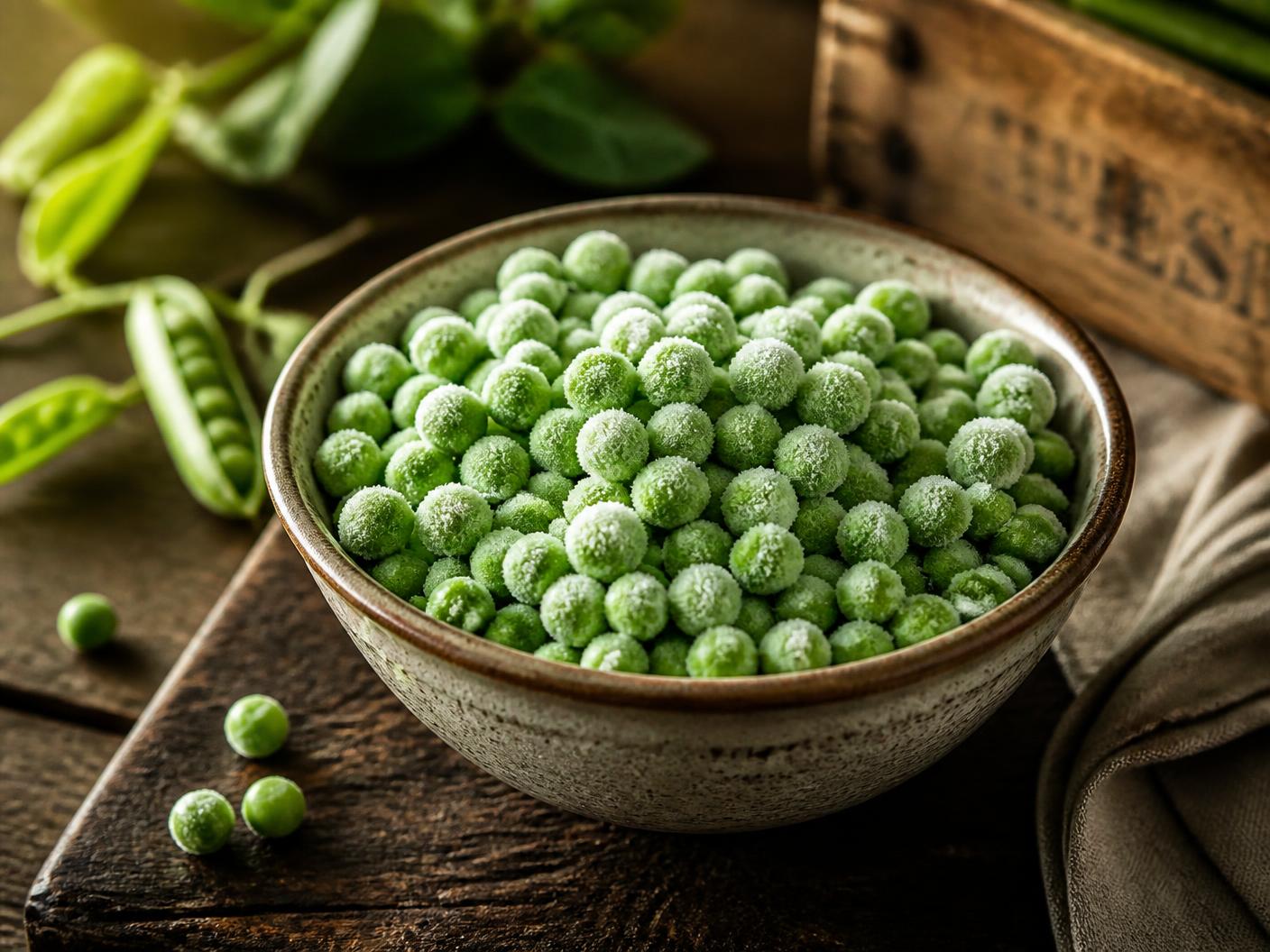 Frozen green peas with light frost in a ceramic bowl beside fresh pea pods