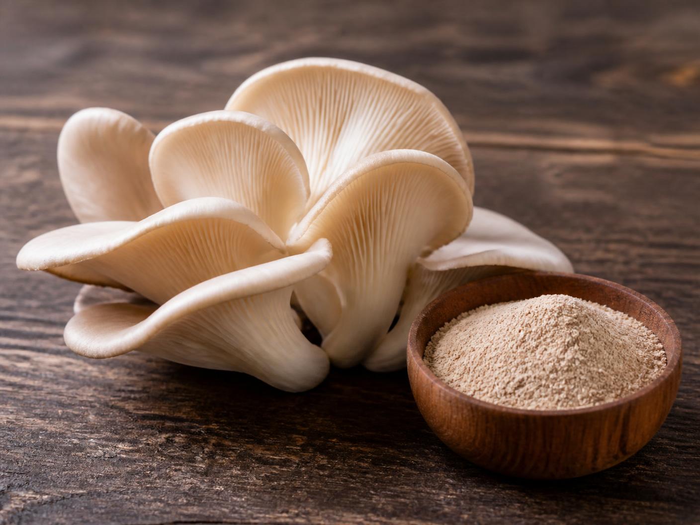Fresh oyster mushrooms beside a bowl of dry oyster mushroom powder