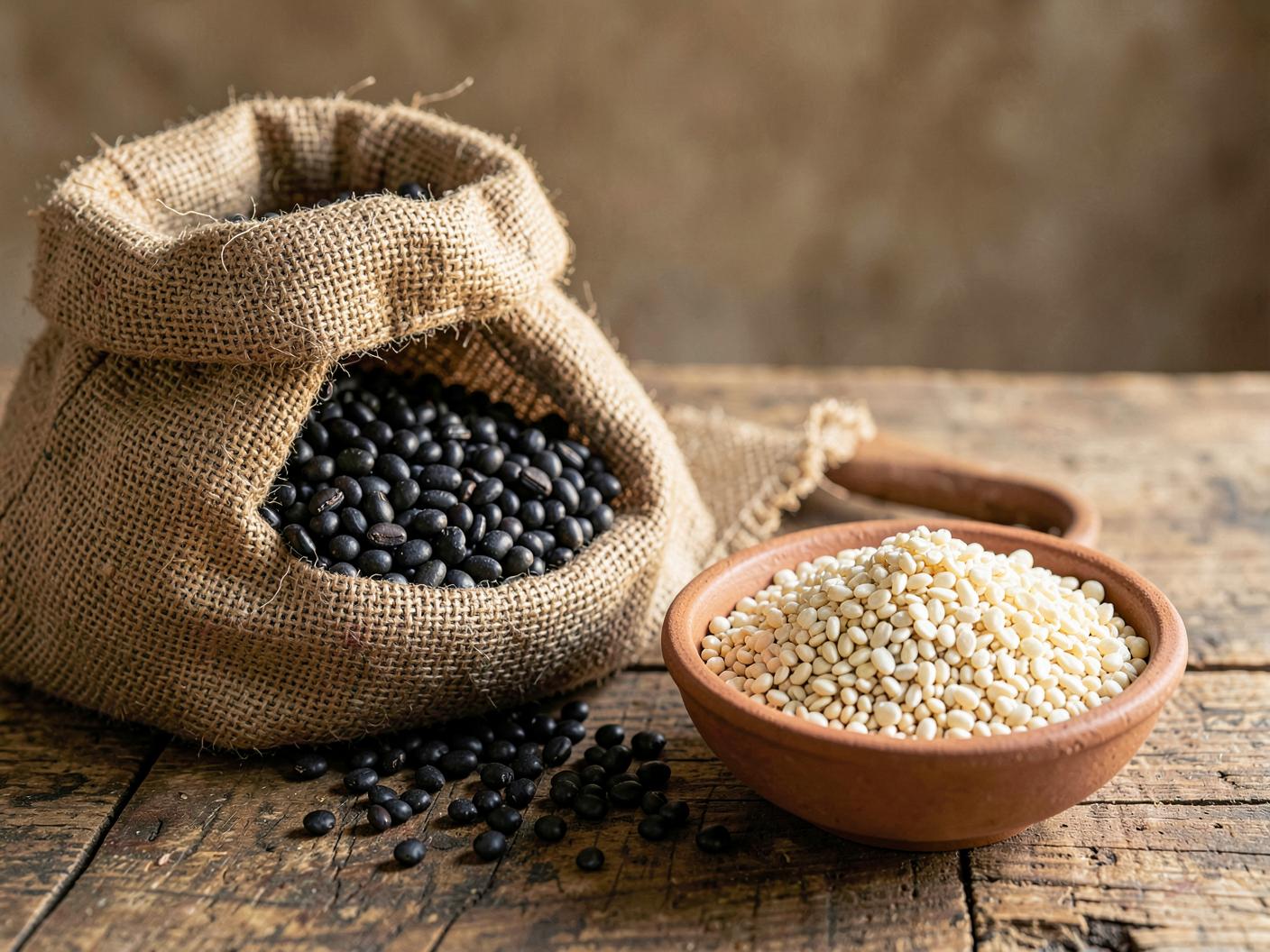 Whole black urad beans in a jute sack beside a bowl of white split urad dal