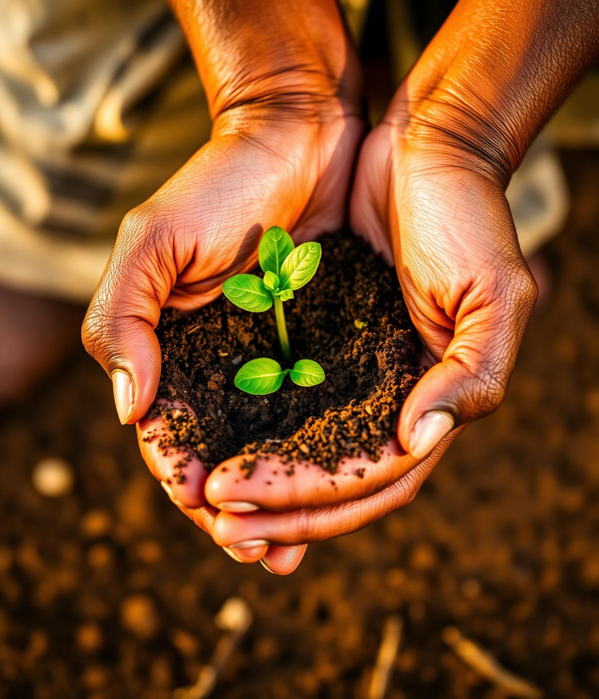 Farmer's hands holding soil with a young seedling