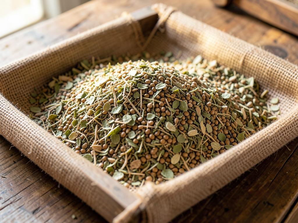 Dry moong husk and chaff in a jute-lined tray