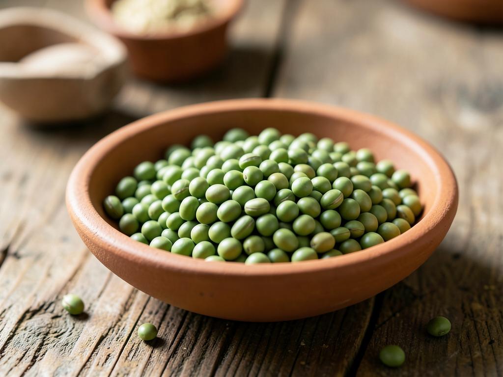 Whole green moong beans in a clay bowl
