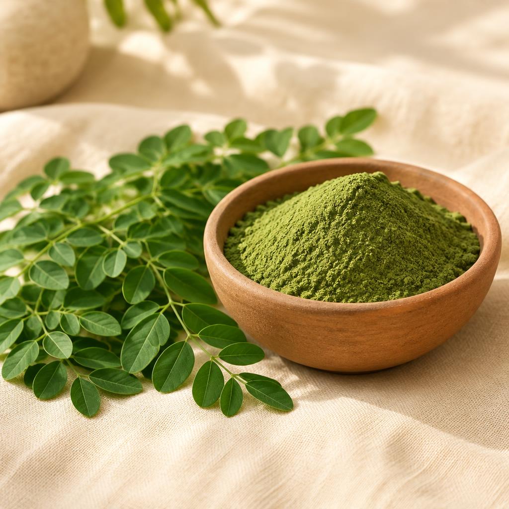 Bowl of green moringa leaf powder beside fresh moringa leaves