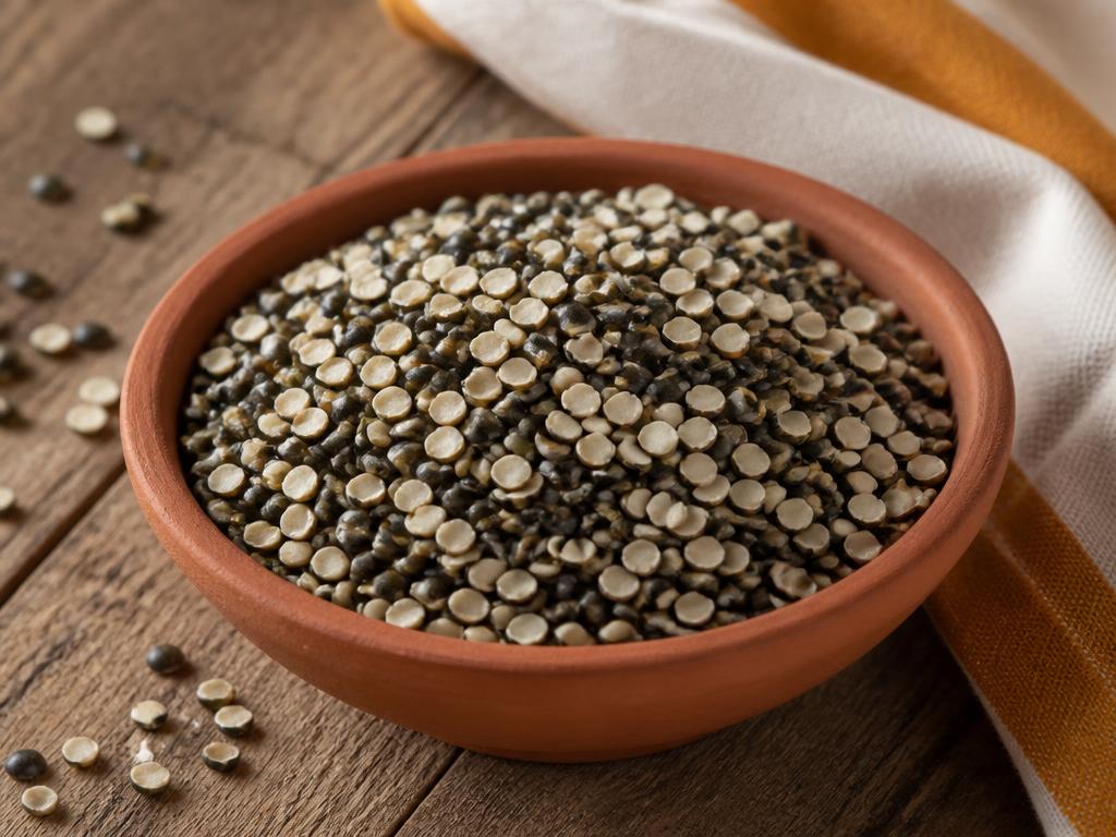 Split urad dal with black husk retained in a clay bowl