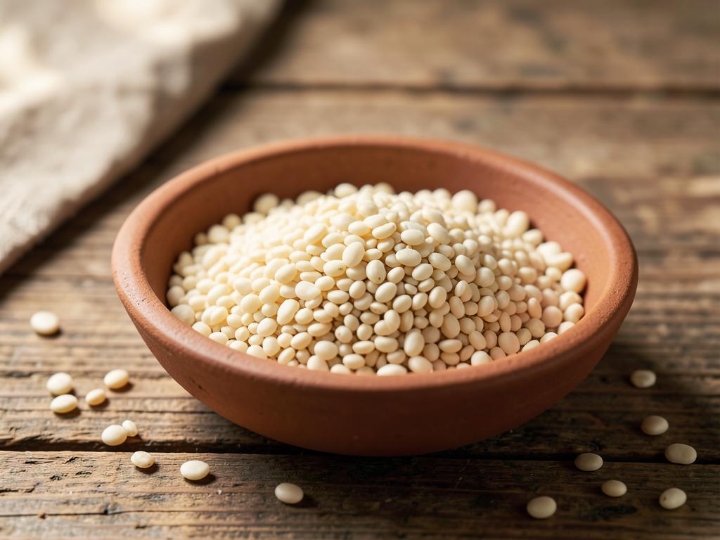 White dehusked split urad dal in a clay bowl