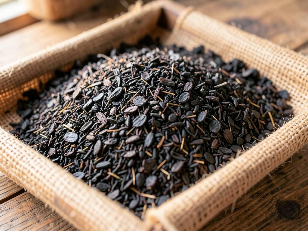 Dry black urad husk and chaff in a jute-lined tray