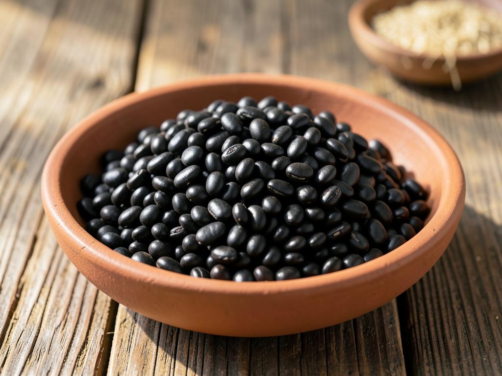 Whole black urad beans in a clay bowl